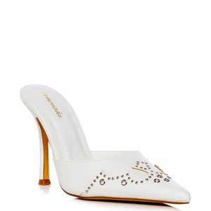 White Vegan Leather Studded Western Mule High Heel Pumps